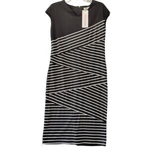 FavoLook Black White Striped Dress NEW Midi Capped Sleeves Sheath Women's Size L